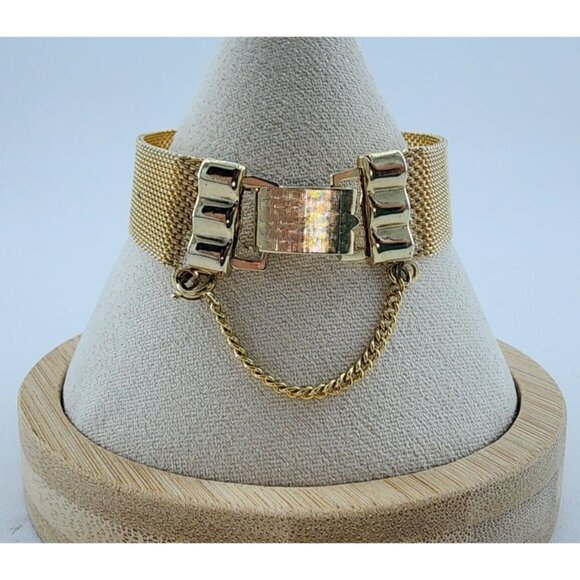 Unbranded Gold Tone Mesh Bracelet w/ Safety Chain Black Flower Cameo Rhinestone - Picture 2 of 8